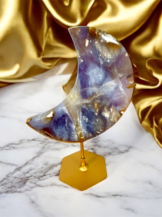 Other - Lavender Purple Chalcedony Crescent Moon • Gold Stand Crystal Décor • Celestial